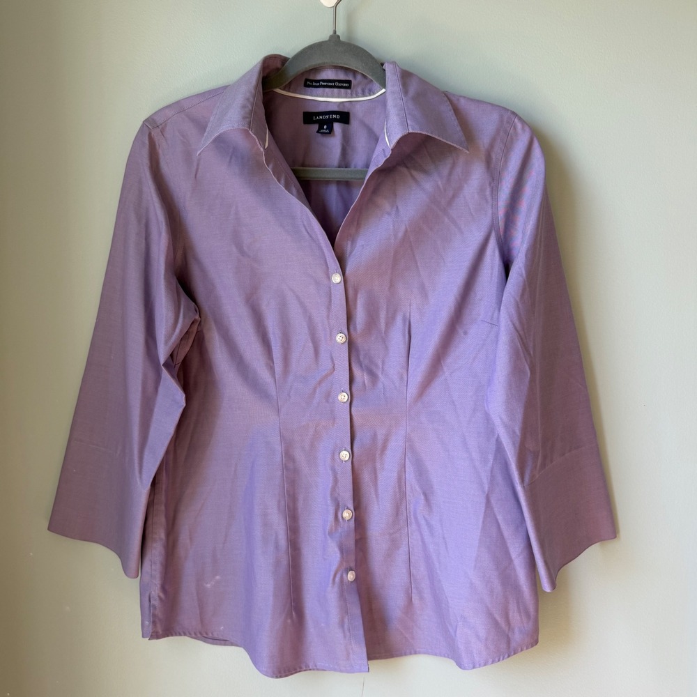 Lands' End Button Down Dress Shirt No Iron Pinpoint Oxford Purple 100% Cotton 8